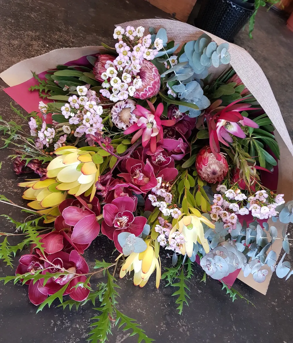 A wrapped winter bunch of proteas, cymbidium orchids and wax flower